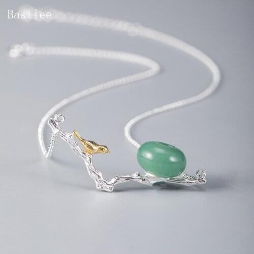 Bastiee Jade Necklace Pendant 925 Sterling Silver Jewelry For Women Bird Drink Water Vintage Link Chain