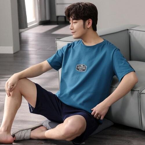 Summer Men Cotton Pajamas Set Round Collar Short-sleeve Pocket Shorts Men Nightwear Cartoon Print Casual HomeWear L-3XL