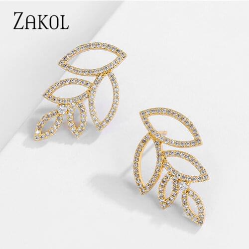 ZAKOL New Temperament Hollow Leaves Design Cubic Zirconia Earring Cute Bridal Stud Earrings Jewelry for Women FSEP5039