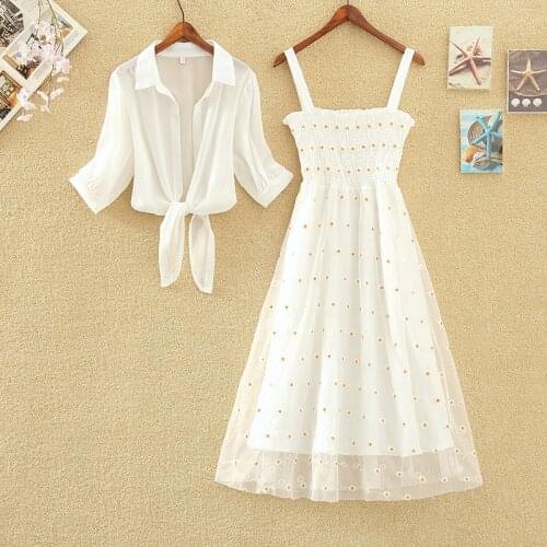 Women shawl T Shirt+Mesh sleevelessdress Suit Solid Tops Vintage FloralEmbroidery small daisiesSets Elegant Woman Two Piece Set