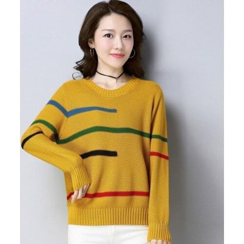 Women Striped Sweater Elegant Threaded Sleeve Pullover Ladies Loose Short Lady Korean Bottoming Shirt Top Autumn Winter Sweater