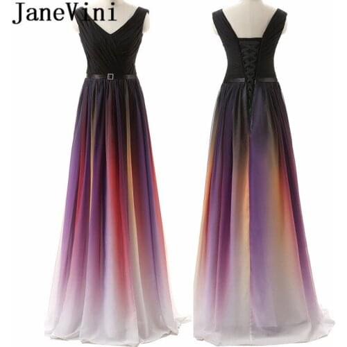 JaneVini Gradient Ombre Prom Dress Long Chiffon Rainbow Color Women Evening Party Dresses V Neck Sleeveless Plus Size Gown Robe
