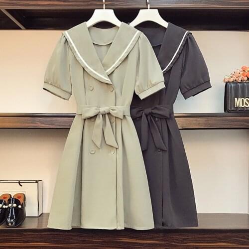 Plus size office ladies elegant double breasted dress Summer short sleeve sailor collar high waist korean slim midi dresses 2021