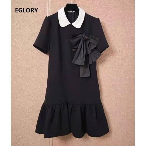 New Korean Style Dress 2021 Summer Ladies Peter Pan Collar Bow Deco Pocket Patchwork Short Sleeve Sweet Cute Dress Lolita Girl