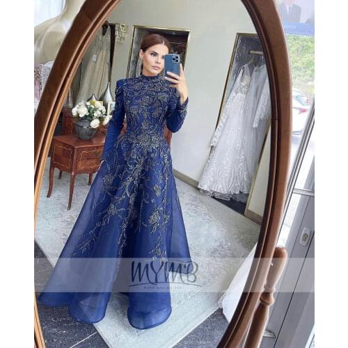 2021 New Arrival Gorgerous Muslim Evening Dresses High Neck Rhinestones Beading Formal Prom Gowns With Sleeves robe de soiree