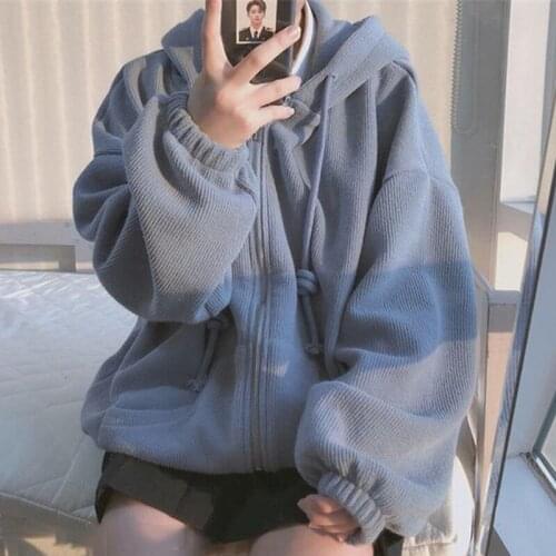 2021 Spring Fashion Female Casual Blue Minimalist Long-sleeved Drawstring Hooded Zipper Sweatshirts Tops Coat D934
