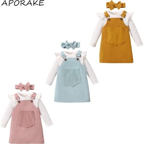 2021 0-5Y Casual Kids Baby Girl Clothes Set White Solid Long Sleeve T-shirt+Pocket Solid Color Overalls Dress+Headband Fall 3pcs