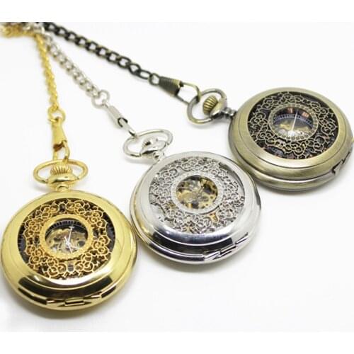 8001) Steampunk Skeleton Filigree Hand Wind Mechanical Pocket Watch , 6 pc/lot