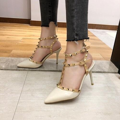 2021 summer sandals for ladies with rivet pointed pointed stiletto sandals artificial PU baotou one-word buckle side empty heels