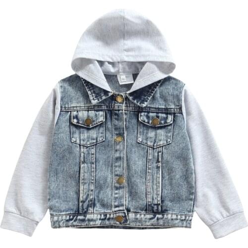 2-7Y Infant Kids Baby Girls Boys Denim Patchwork Coat Long Sleeve Hooded Jacket Jeans Tops Spring Autumn Outfits