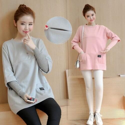 2021 Autumn and Winter Maternity Tops Nursing Dress Stitching Knitted Sleeves Woolen Long Breastfeeding T Shirt Dress