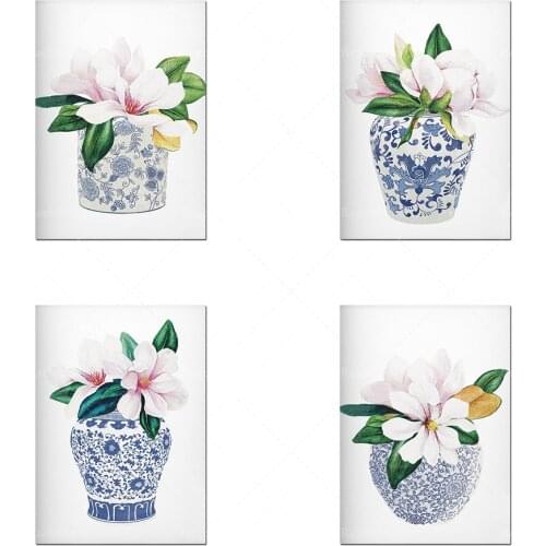 Ginger pot, floral plant print, magnolia flower, blue and white vase, academic style flower wall art, Asian vase, chic porcelain