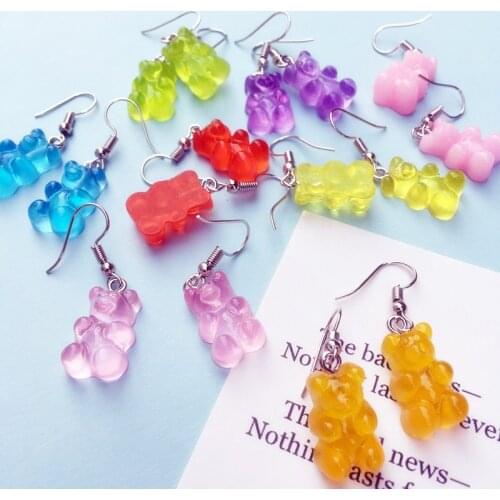 Cute Handmade Resin Colorful Cartoon Animal Bear Earring Unique Candy Color Drop Earring For Women Girl Funny Party Jewelry Gift