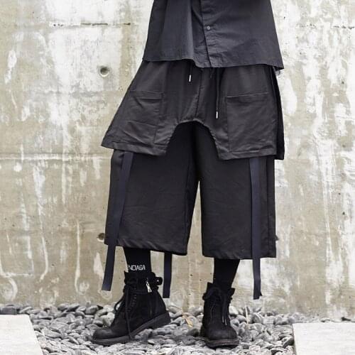 Mens nine minute trousers Spring/summer Yamamoto style loose mens skirt pants ribbon mens halon trousers fake two pieces