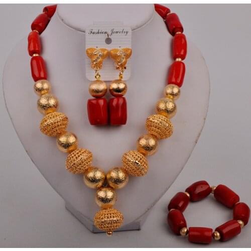 Nigerian Dubai Gold African Necklace Earrings Bracelet Set for Women Red Coral Beads Wedding Jewelry Set