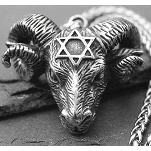 Mens New Fashion 316L Stainless Steel Hexagonal Star Satan Ram Bull Head Pendant Necklace Retro Personality Jewelry Gift Collar
