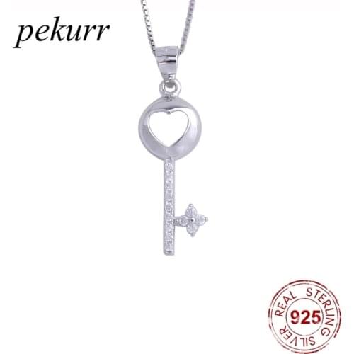 Pekurr 925 Sterling Silver Zircon Heart and Key Necklace For Women Crystal Lock Key Pendants Wedding Fashion Jewelry Gifts