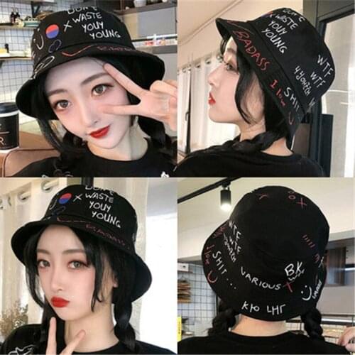 Womens Foldable Bucket Hat Fashion Korean Summer Graffit Outdoor Sunhat Cotton Casual All-match Hip-Hop Fisherman Hat for Adult