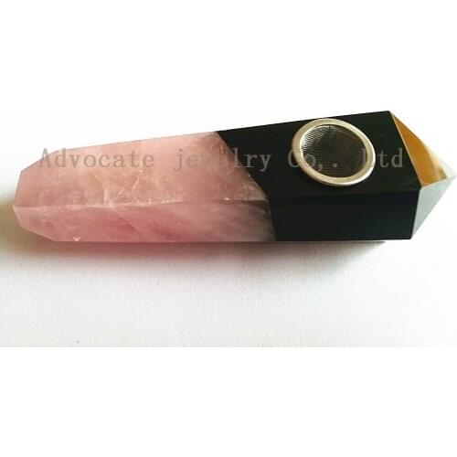 Natural rose crystal&obsidian crytsal Two kinds of ntural stone Hand spliced together wand gemstone point pipe wand with fliter