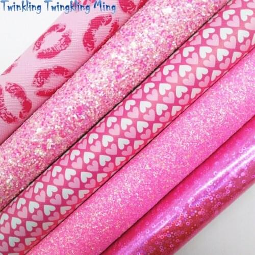 Pink Glitter Leather Fabric, Lips and Hearts Printed Synthetic Leather Fabric Sheets For Bow 21x29CM Twinkling Ming KM394