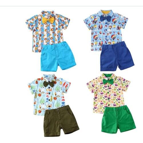 2020 Baby Summer Clothing Boys Shirt Shorts Set Short Sleeve Cartoon Animal Bow Tie Shirt + Solid Color Shorts Trousers