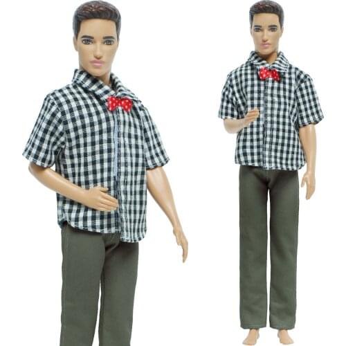 High Quality Mens Doll Outfit Lattice Shirt Bowknot Suit Pants Trousers Clothes for Barebie Doll Friend Ken Doll Accessories