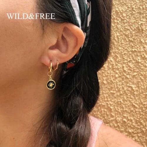 Wild&Free Vintage Small Hoop Earrings For Women Girl Enamel Gold Round Coin Cross Charm Pendant Earring Piercing Brincos Jewelry