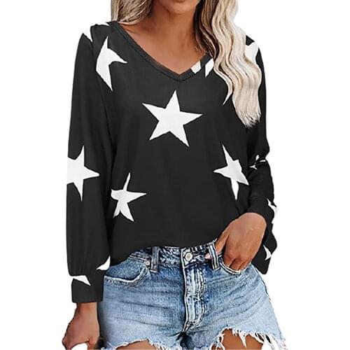 Womens T-Shirts Clothing Autumn New Fashion Five-Pointed Star Loose Printing Long-sleeved T-shirt V-neck Soft Thin Top