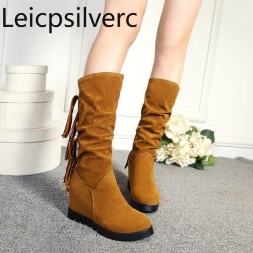 Womens Boots New winter tassel fashion Internal increase mid heel Middle tube Womens shoes plus size 34-43 Heel Height 6.5cm