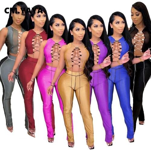 CM.YAYA 2020 Womens Set Lie Up Top Leggings Pant Set Tracksuit Mesh Hollow Out Sexy Night Two Piece Sets Outfits Sweatsuit