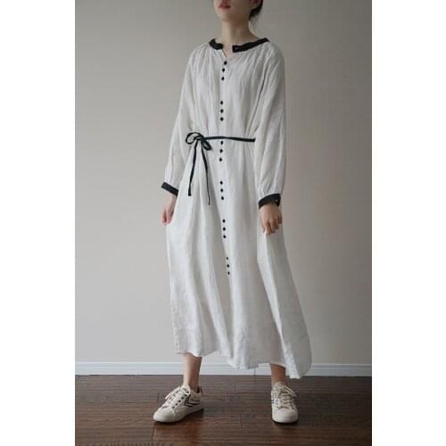 Women loose Patchwork Linen Dress Ladies Loose Vintage Linen Dresses Female 2021 Spring Autumn Dress