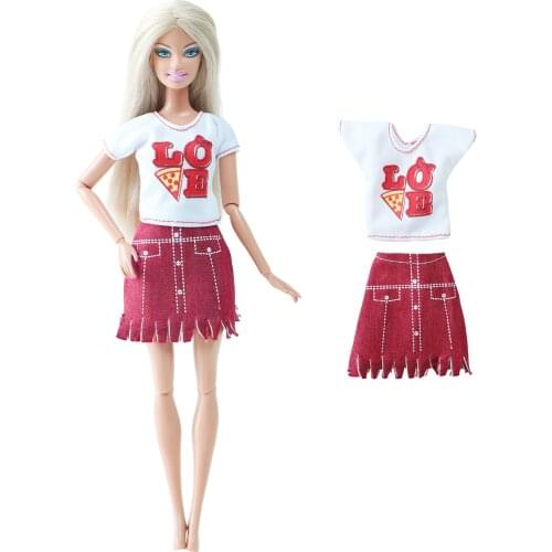 BJDBUS 1 Set Doll Dress Letter T-Shirt Short Red Skirt Casual Party Wear Clothes for Barbie Doll Girls Accessories House Toys