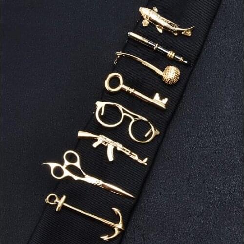 20pcs/lot Gold Tie Clip Rifle Gun Anchor Smoking Pipe Fish Scissors Glasses Key Pen Tie Clip Tie Pin Bars Men Jewelry Mixorder