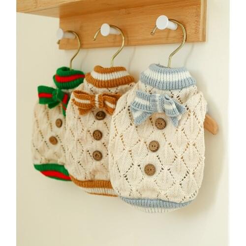 2021 Pet Clothes Puppy Cat Sweater Coat Soft Hollow Bowknot Button Decor Pullover Jumper for Dogs