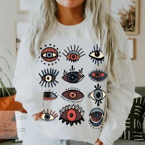 Eyes Print White Vintage Casual Oversized Sweatshirt Women Long Sleeve Pullovers Streetwear Female Fall Plus Size Fashion Tops