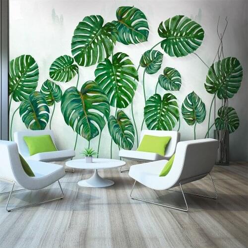 Papel tapiz 3d personalizado simple hojas verdes fondo estilo acuarela pared - seda material impermeable