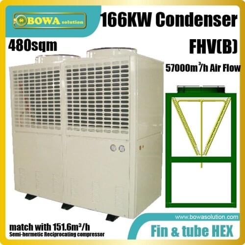 166KW box type condenser with V-shape coil matches with 152m3/h displacement reciprocating compressors, such as 6F40.2 or 50.2Y