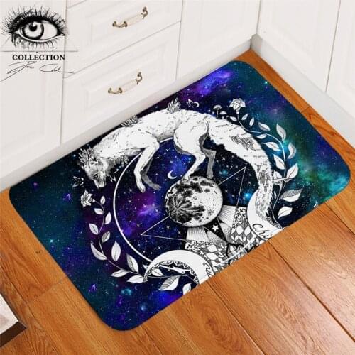 Wolf Galaxy by Pixie Cold Art Carpet Moon Child Black Doormat White Fox Area Rug Planet Floor Mat Non-slip for Bedroom 40x60cm