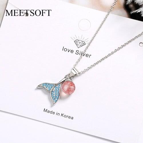 MEETSOFT Silver Plated Pendant Necklace Minimalist Clavicle Chain Strawberry Quartz Orb Blue Crystal FIsh Tail Jewerly Gift
