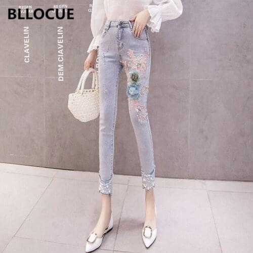 BLLOCUE Fashion Women Embroidery Pearl 3D Floral Jeans 2020 Autumn New Versatile Nine points Little feet Pencil Pants