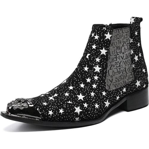 Western Rock Mens Boots Pointed Metal Toe Black Stars Leather Ankle Boots Men Botas Hombre Safety Military Boots, US12