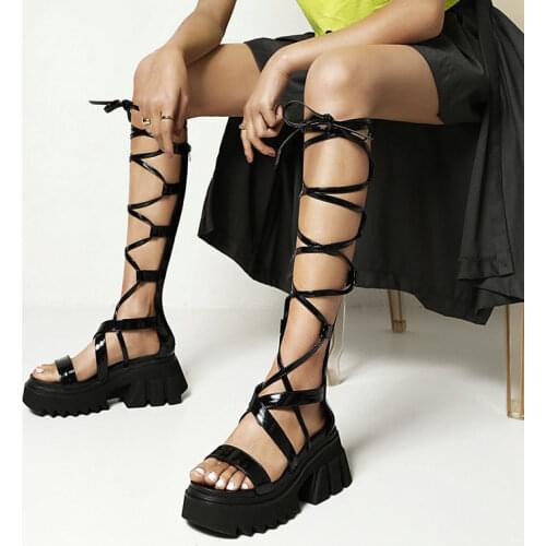 Cross-tied Lace Up Gladiator Summer Boots Women Knee High Heels Shoes Platform Wedges Sandals Black Roman Style Back Zip