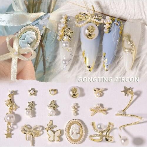 New manicure jewelry diamond beauty head palace style nail ring decoration metal bow pearl zircon bracelet Nail decoration