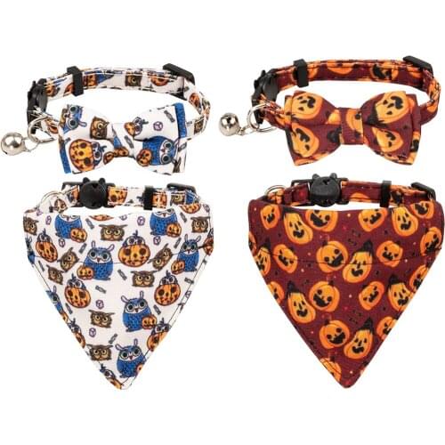Halloween Cat Collar Set Breakaway with Bow Tie and Bell Pumpkin Lantern Bat Spider Pattern for Kitty Adjustable Safety Collars