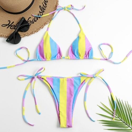 Striped Print Swimwear Women Bikinis 2021 Mujer Swimsuit Halter Micro String Thong Bikini Set Beach Wear Bathing Suit Biquinis