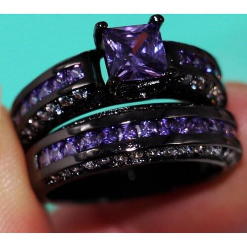 Size5/6/7/8/9/10/11 Princess Cut Jewelry Cookia 10kt black gold filled Purple 5A CZ Simulated stones Wedding Engagement Ring set