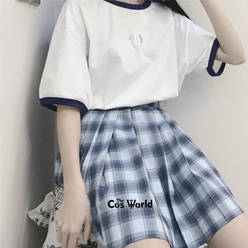 [Gray White] Girls Womens Japanese Summer High Waist Pleated Plaid Skirts For JK School Uniform Students Cloths