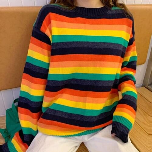 Rainbow Sweater Cozy Multicolor Striped Long Sleeve CrewNeck Pullovers Knit Top Jumper Womens Sweaters Outift