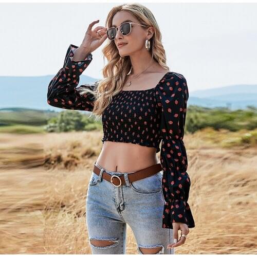 Crop Tops Womens Blouse Square Neck Elegant Strawberry Print Ruched Tops Female Long Sleeves Chic Shirt Womens Clothing 2021