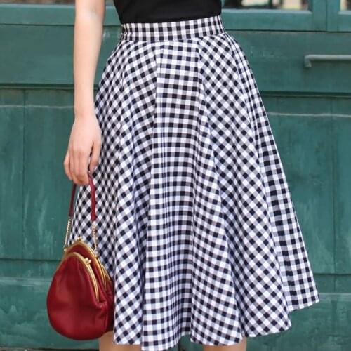 40- vintage 50s Audrey Hepburn white black gingham full circle midi swing skirt rockabilly pinup skirts plus size saia faldas